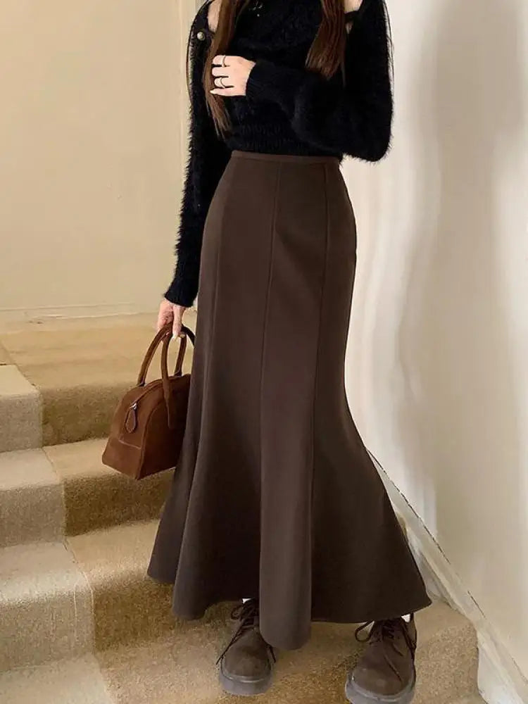 Korean Fashion Black High Waist Women Vacation Wrapped Hip Long Skirt Autumn Winter Brown Fishtail Skirts Trendy Streetwear Chic