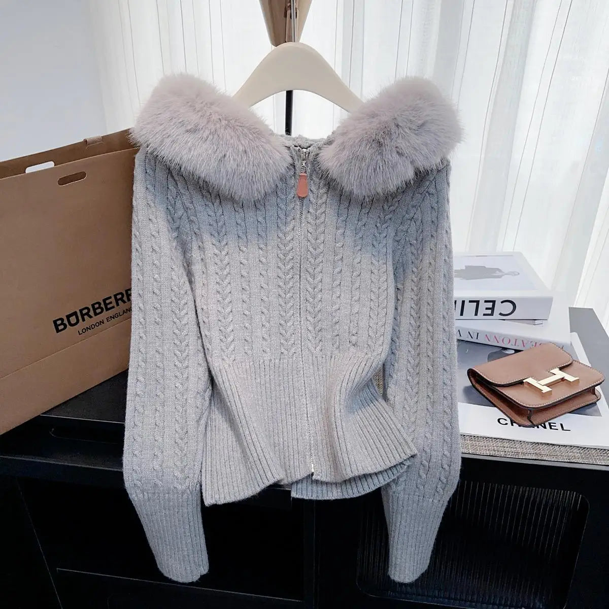 Retro Fashion Women Solid Long Sleeve Knitted Twists Sweater 2024 New Autumn Winter Ladies Hooded Hairy Neck Zipper Cardigan Top