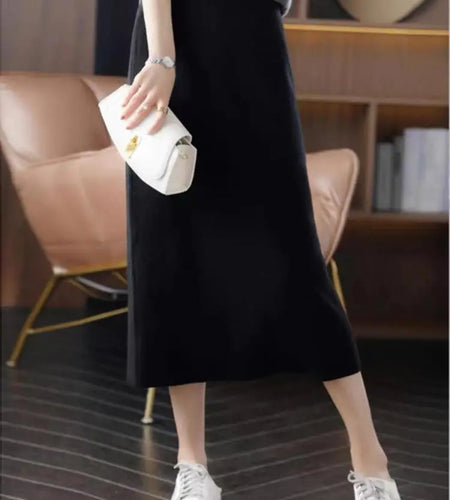 Korean Women Fashion Black Office Lady High Waist Knitted Skirts Autumn Winter New Brown Vacation Long Straight Skirt Simplicity
