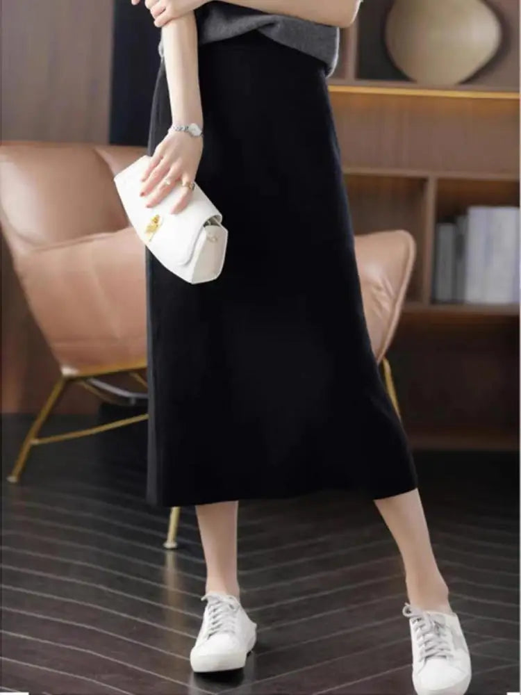 Korean Women Fashion Black Office Lady High Waist Knitted Skirts Autumn Winter New Brown Vacation Long Straight Skirt Simplicity