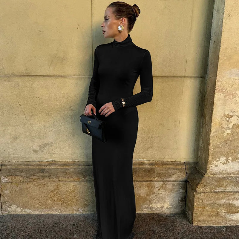 Turtleneck Long Sleeve Maxi Dress Women Gown Autumn Winter New Solid Sexy Long Dress Femme Fashion Floor-length Dress