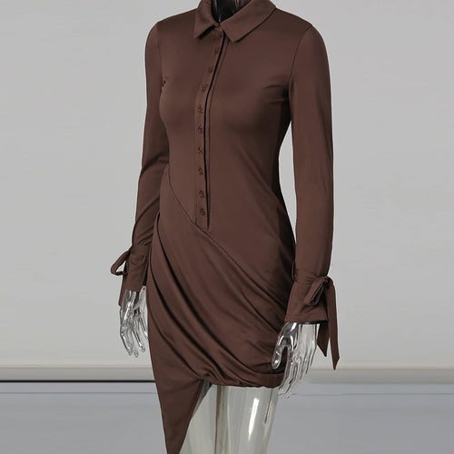 Load image into Gallery viewer, Slimming Spliced Single Breasted Mini Dresses for Women Lapel Long Sleeves Patchwork Folds Irregualr Dress Female
