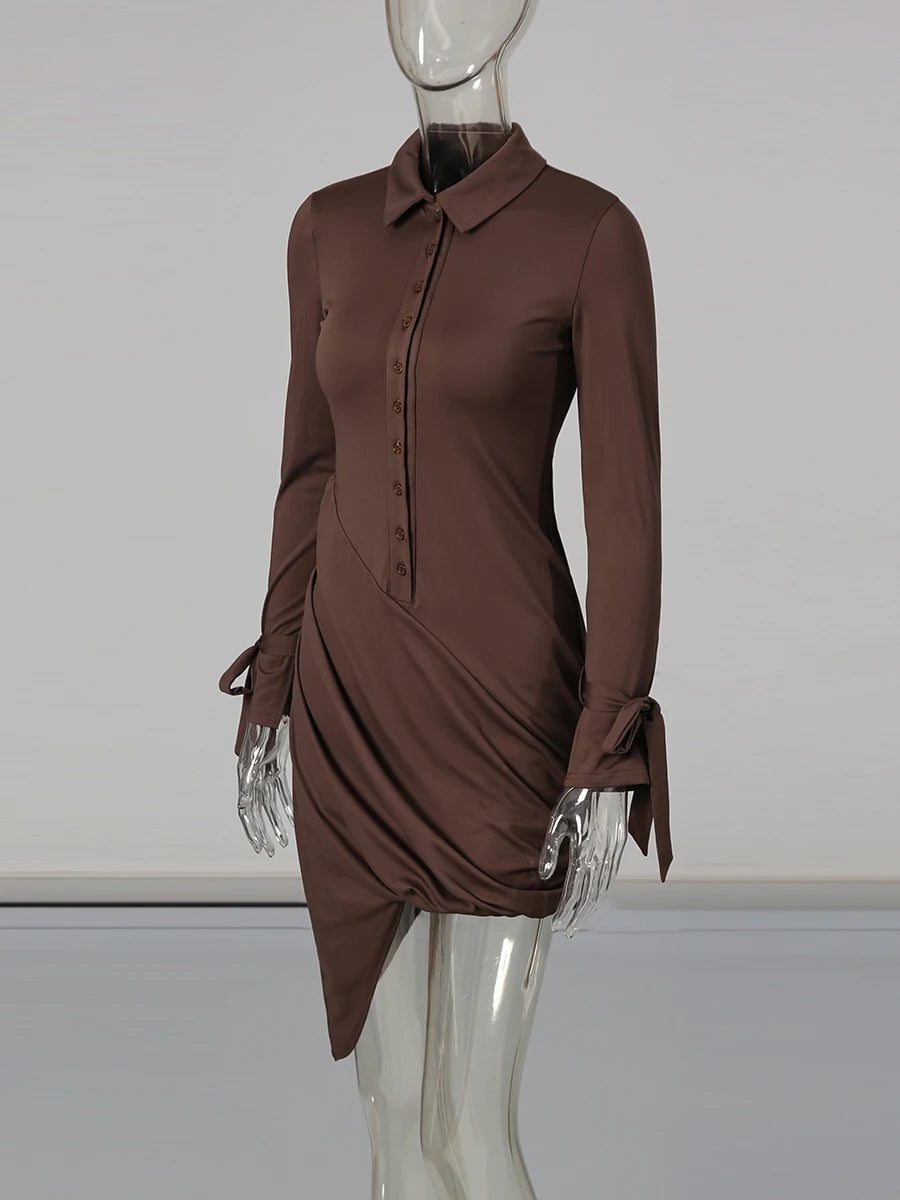 Slimming Spliced Single Breasted Mini Dresses for Women Lapel Long Sleeves Patchwork Folds Irregualr Dress Female