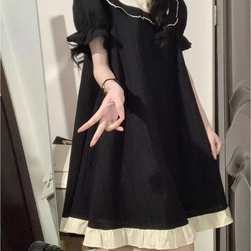 Load image into Gallery viewer, School Kawaii Lolita Dress Japanese Sweet Harajuku Cute Student Black Puff Sleeve Party Dresses Autumn
