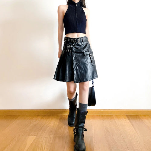 Load image into Gallery viewer, Streetwear Punk Black PU Leather Skirt Women Buckle Fold Fashion Party Pleated Skirt Gothic Dark Cargo Grunge Outfits
