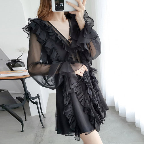 Load image into Gallery viewer, Patchwork Ruffle Elegant Dress For Women V Neck Long Sleeve High Waist Solid Mini Dresses Female Fashion Spring
