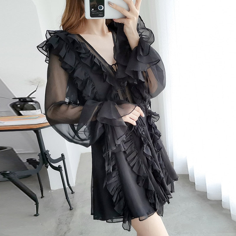 Patchwork Ruffle Elegant Dress For Women V Neck Long Sleeve High Waist Solid Mini Dresses Female Fashion Spring