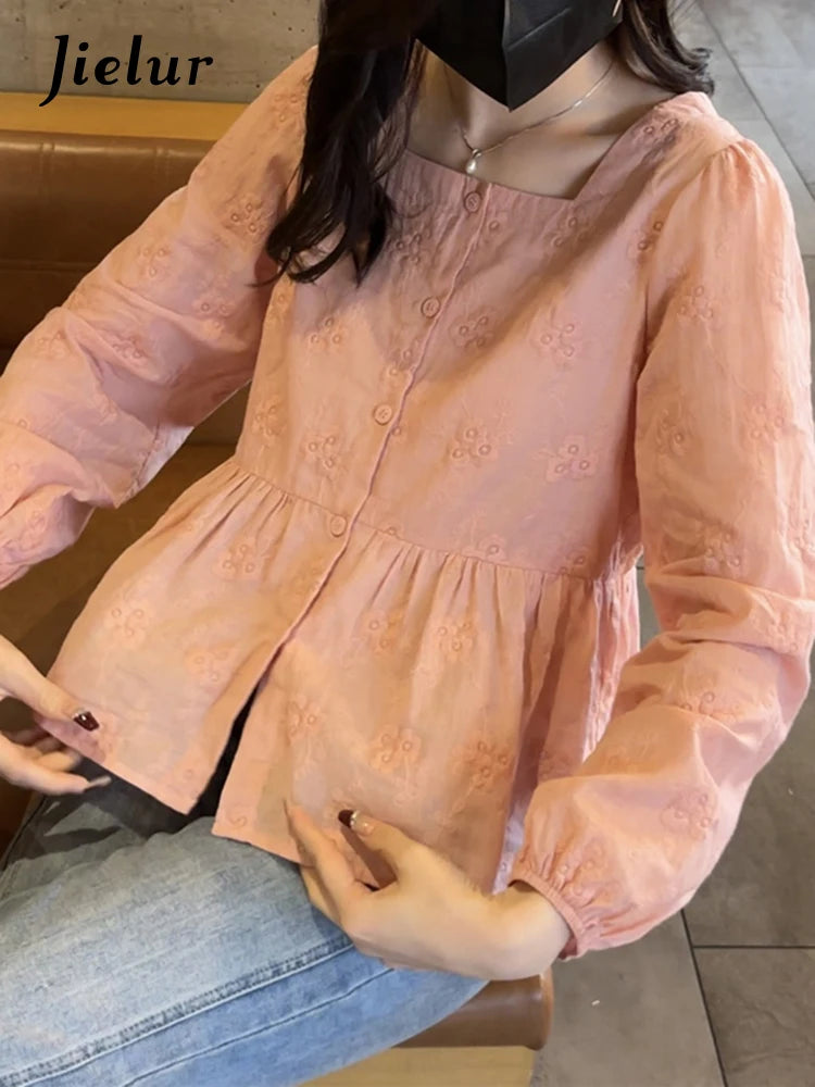 Pink Square Neck Spring Women Shirt French Style Lantern Sleeve Single Breasted Fashion Chic Summer Casual Office Lady