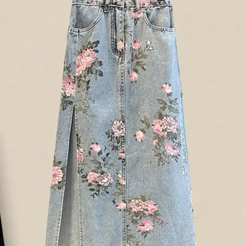 Load image into Gallery viewer, Women Summer Sweet Pink Print Skirts Two Pieces Set Korean Puff Sleeve Bandage Floral Top And Side Split Retro Denim Skirts Sets
