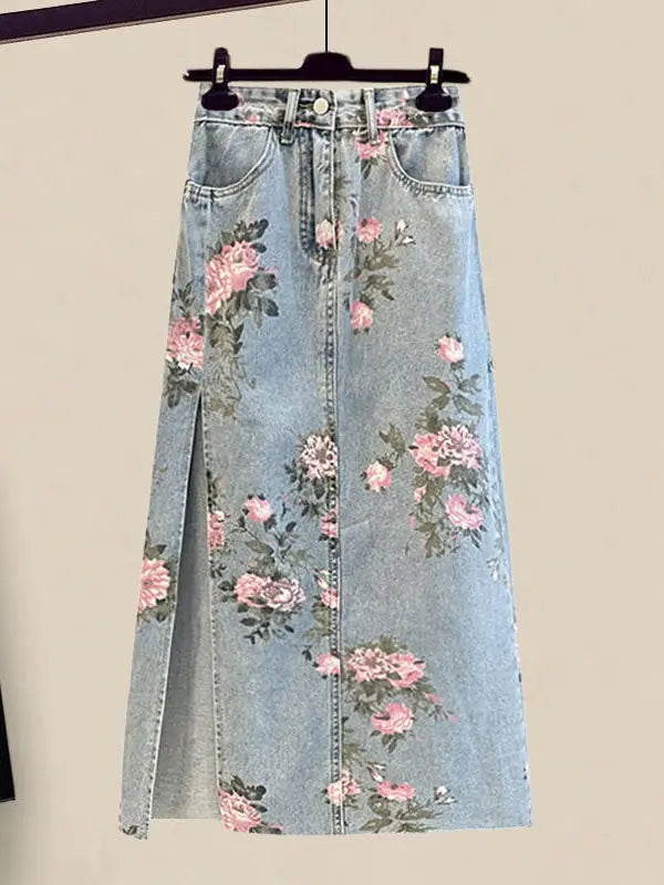 Women Summer Sweet Pink Print Skirts Two Pieces Set Korean Puff Sleeve Bandage Floral Top And Side Split Retro Denim Skirts Sets