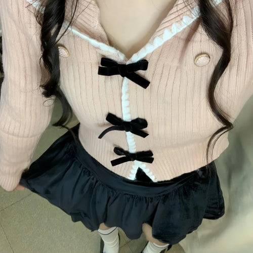 Load image into Gallery viewer, Sweet Y2k Aesthetic Sailor Collar Women's Cardigans Harajuku Slim Fit Patchwork Coats 2025 Autumn Fairy Grunge Bow Crop Tops
