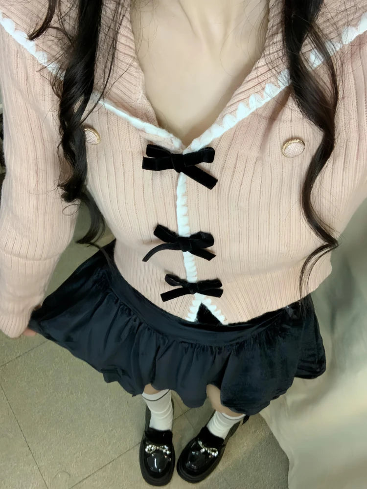 Sweet Y2k Aesthetic Sailor Collar Women's Cardigans Harajuku Slim Fit Patchwork Coats 2025 Autumn Fairy Grunge Bow Crop Tops