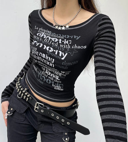 Halloween Stripe Letter Printed Female T-shirt Slim Stitch Bodycon Long Sleeve Crop Tops Gothic Dark Harajuku Tee