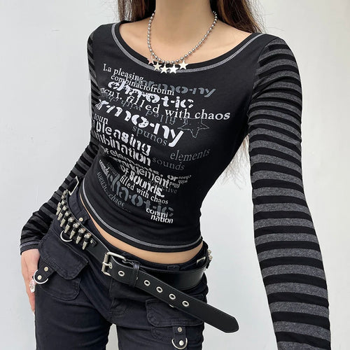 Load image into Gallery viewer, Halloween Stripe Letter Printed Female T-shirt Slim Stitch Bodycon Long Sleeve Crop Tops Gothic Dark Harajuku Tee

