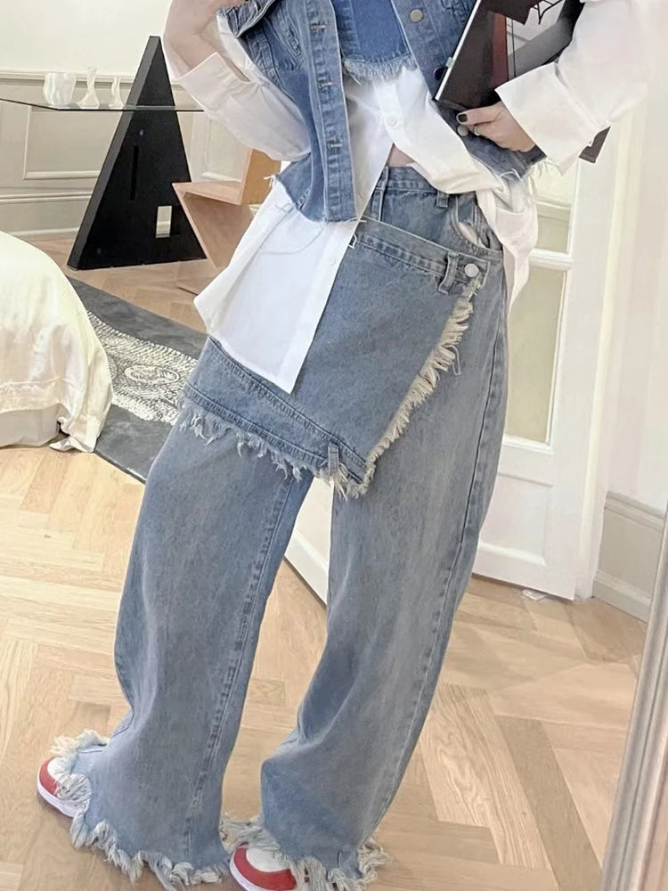 Patchwork Fake Two Piece Wide Leg Pants For Women High Waist Solid Minimalist Jeans Female Korean Fashion Clothing