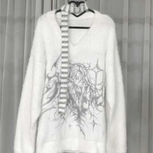Load image into Gallery viewer, Korean V-neck Loose Harajuku Knitted Pullovers Vintage Print Striped Scarf Jumpers Y2k Grunge Casual Sweaters Women Streetwear
