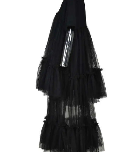 Women Black Layers Mesh Long Big Size Dress New Round Neck Short Sleeve Loose Fit Fashion Tide Spring Summer 2025 16R3054