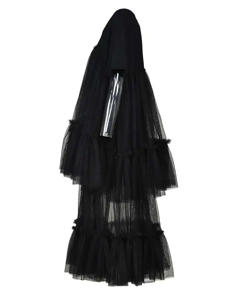 Women Black Layers Mesh Long Big Size Dress New Round Neck Short Sleeve Loose Fit Fashion Tide Spring Summer 2025 16R3054