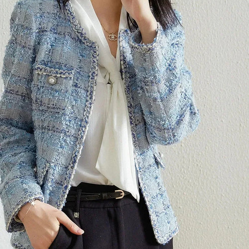 Load image into Gallery viewer, YK2 Streetwear Women&#39;s Elegant Blue Plaid Jacket Autumn Vintage Classic Long Sleeved Jacket Loose O-neck Fashion Women Jacket
