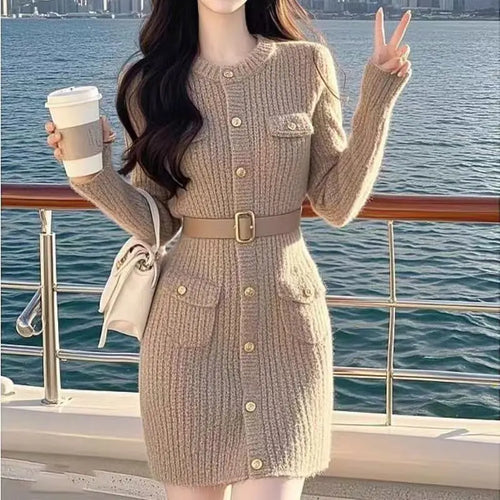 Load image into Gallery viewer, French Women Khaki Single Breasted Long Sleeved Mini Dress Autumn Winter New Round Neck Slim Festival Knitted A-line Short Dress
