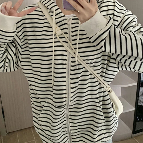 Load image into Gallery viewer, American Striped Spell Color Female Sweatshirts Chic Loose Streetwear Casual Zip-up Fashion O-neck Basic Women&#39;s Hoodies
