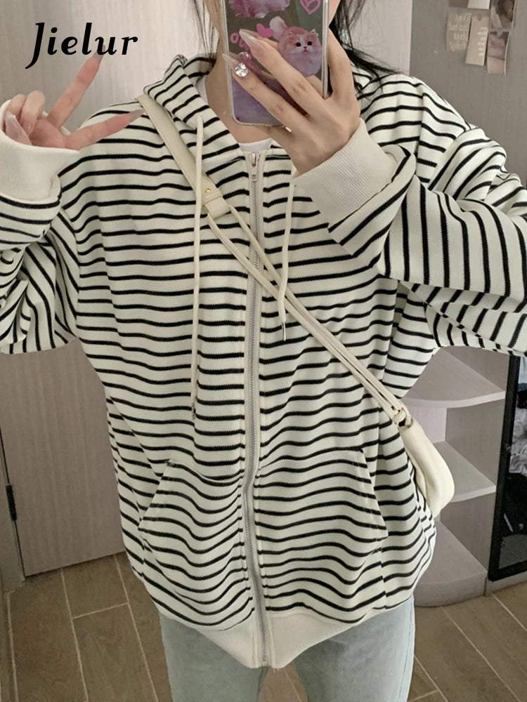 American Striped Spell Color Female Sweatshirts Chic Loose Streetwear Casual Zip-up Fashion O-neck Basic Women's Hoodies