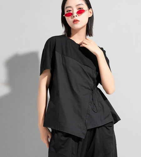 Women Black Waist Drawstring Big Size Casual T-shirt New Round Neck Short Sleeve Fashion Tide Spring Summer 2025 1DJ1833