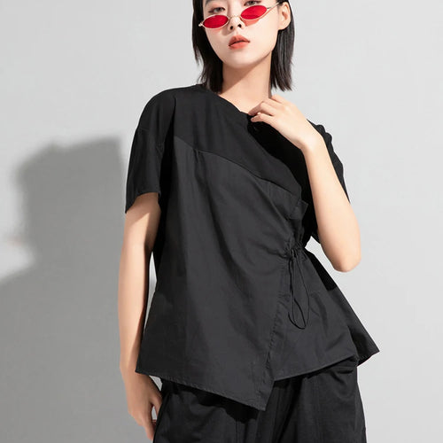 Load image into Gallery viewer, Women Black Waist Drawstring Big Size Casual T-shirt New Round Neck Short Sleeve Fashion Tide Spring Summer 2025 1DJ1833
