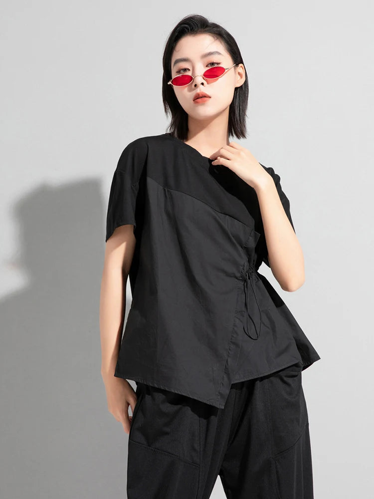 Women Black Waist Drawstring Big Size Casual T-shirt New Round Neck Short Sleeve Fashion Tide Spring Summer 2025 1DJ1833