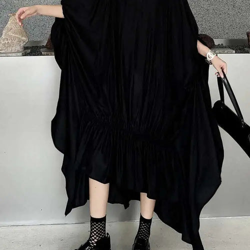 Load image into Gallery viewer, Women Black Pleated Irregular Big Size Long Dress New Round Neck Half Sleeve Fashion Tide Spring Summer 2025 1DH6284
