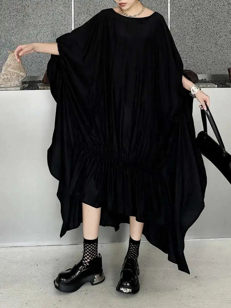 Women Black Pleated Irregular Big Size Long Dress New Round Neck Half Sleeve Fashion Tide Spring Summer 2025 1DH6284