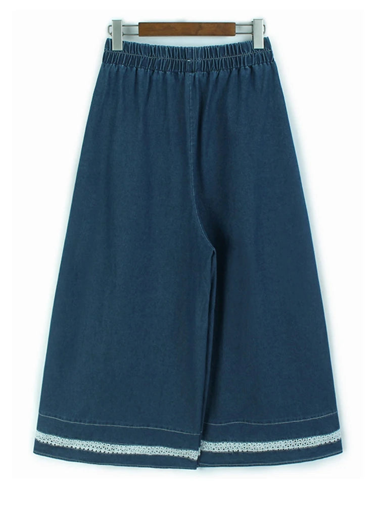 High Waist Blue Lace Hollow Out Denim Long Wide Leg Jeans New Women Trousers Fashion Tide Spring Autumn 2025 1DH9655