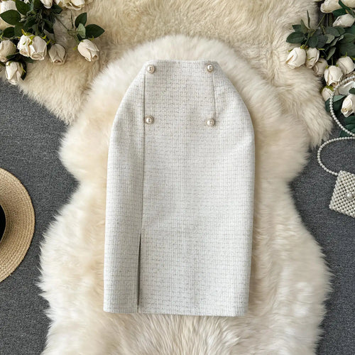 Load image into Gallery viewer, Autumn Winter Black Pearl Woolen Pencil Skirts Women White Office Elegant Midi Thick Warm Skirt New Wrap Hip Split Skirt Ladies
