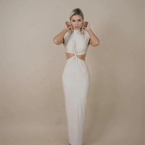 Load image into Gallery viewer, Hollow Out Turtleneck Sexy Maxi Dress For Women Fashion Solid Sleeveless Bodycon Tank Dresses Femme Club Party Dress
