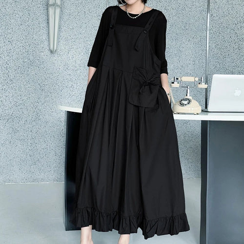 Load image into Gallery viewer, Women Black Ruffles Pocket Big Size Midi Strap Dress New Square Collar Sleeveless Fashion Tide Spring Autumn 2025 1DJ1158
