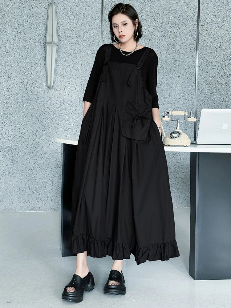 Women Black Ruffles Pocket Big Size Midi Strap Dress New Square Collar Sleeveless Fashion Tide Spring Autumn 2025 1DJ1158