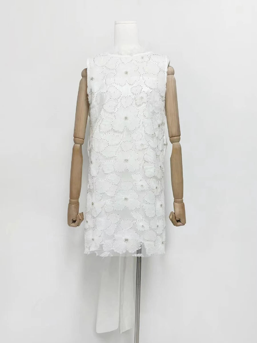 Solid Loose Spliced Embroidery Dresses for Women Round Neck Sleeveless Patchwork Bowknot Mini Dress Female Clothing