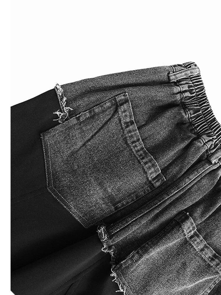 High Elastic Waist Gray Denim Color-block A-line Half-body Skirt Women Fashion Tide New Spring Autumn 2025 1DJ0889