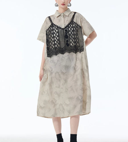 Women Black Striped Lace Spliced Big Size Midi Shirt Dress New Lapel Short Sleeve Fashion Tide Spring Summer 2025 1DJ1257