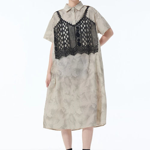 Load image into Gallery viewer, Women Black Striped Lace Spliced Big Size Midi Shirt Dress New Lapel Short Sleeve Fashion Tide Spring Summer 2025 1DJ1257
