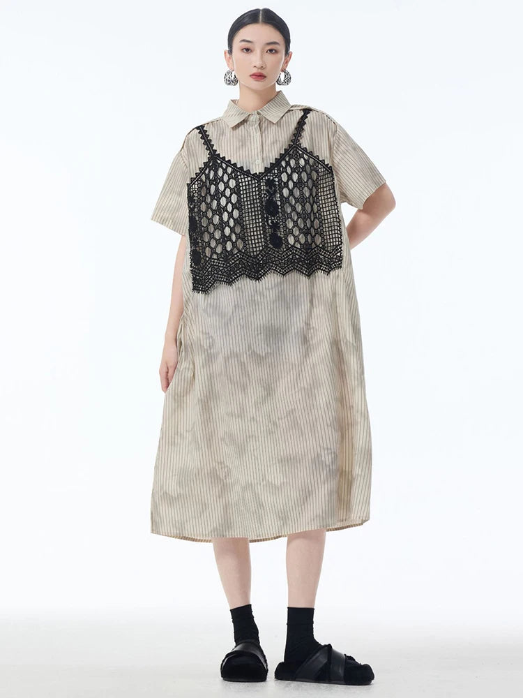 Women Black Striped Lace Spliced Big Size Midi Shirt Dress New Lapel Short Sleeve Fashion Tide Spring Summer 2025 1DJ1257