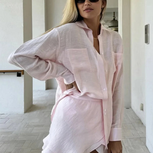 Load image into Gallery viewer, Summer Beach Two Piece Sets Women Long Sleeve Shirt And Mini Skirt Female See Through Loose 2 Piece Set Beachwear
