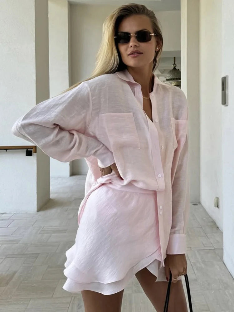 Summer Beach Two Piece Sets Women Long Sleeve Shirt And Mini Skirt Female See Through Loose 2 Piece Set Beachwear