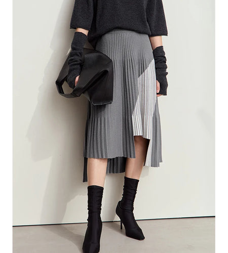 Women's Minimalise Patchwork Skirts 2024 Winter Versatile A Line Pleated Irregular Female Commuter Knitted Skirt 12424047