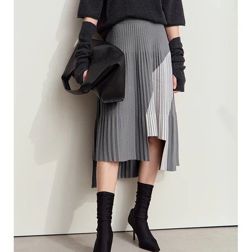 Women's Minimalise Patchwork Skirts 2024 Winter Versatile A Line Pleated Irregular Female Commuter Knitted Skirt 12424047