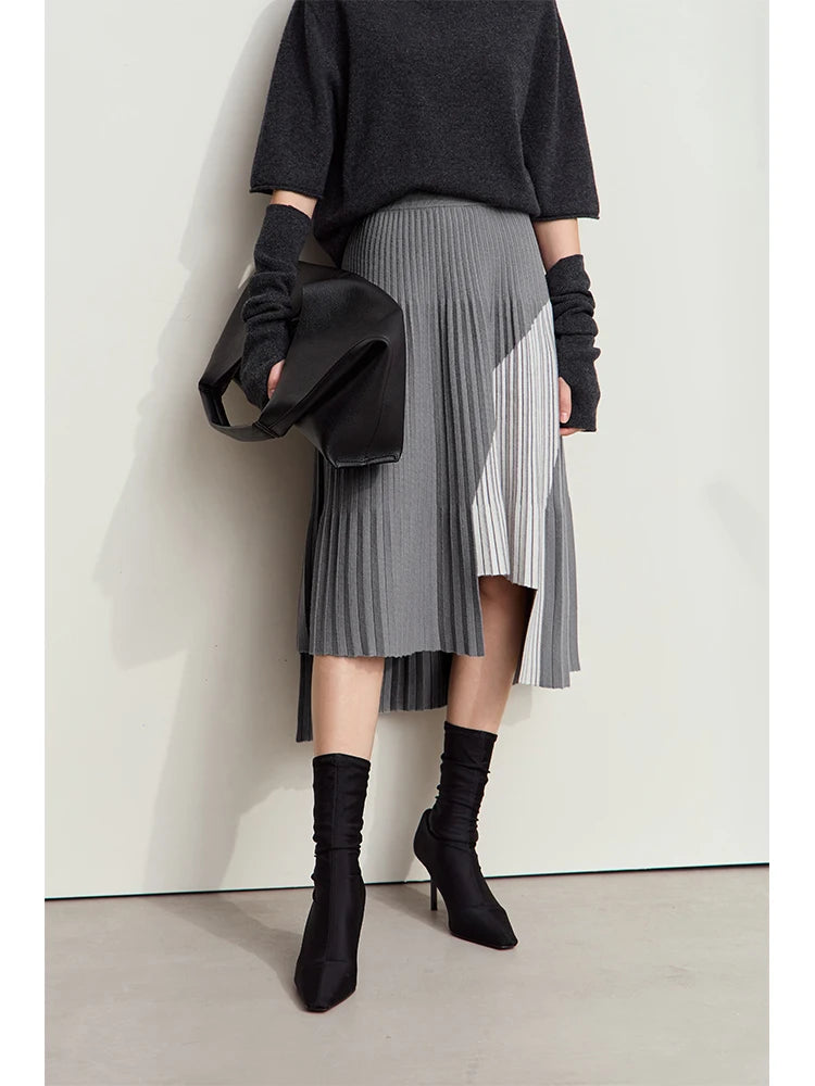 Women's Minimalise Patchwork Skirts 2024 Winter Versatile A Line Pleated Irregular Female Commuter Knitted Skirt 12424047