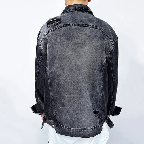 Load image into Gallery viewer, American Denim Jackets Holes Multi Pocket Lapel Solid Color Coats Button 2024 Single Breasted Tops Winter Loose Tide 9C8811
