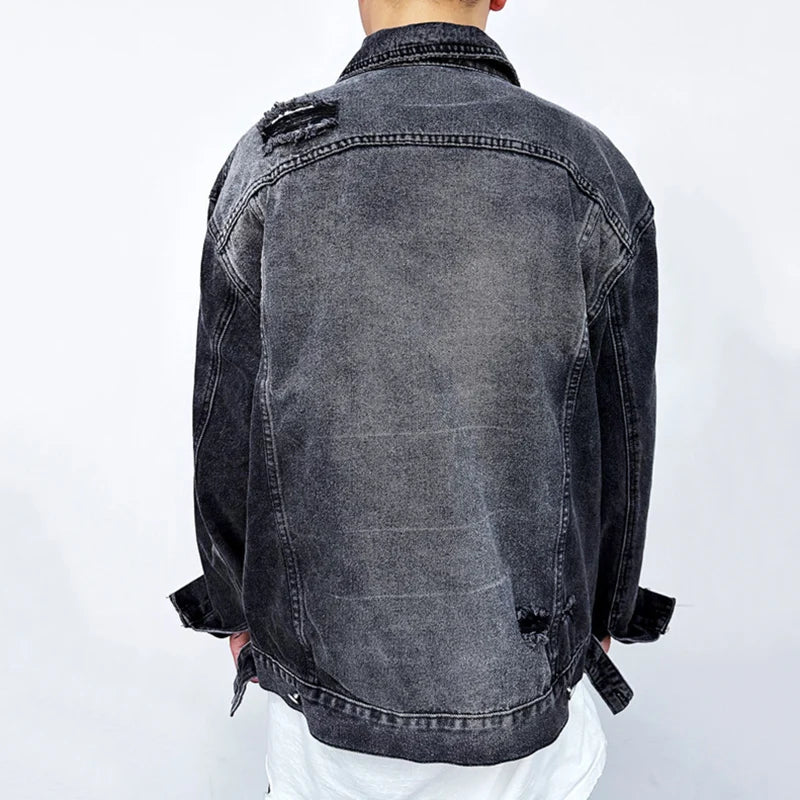 American Denim Jackets Holes Multi Pocket Lapel Solid Color Coats Button 2024 Single Breasted Tops Winter Loose Tide 9C8811
