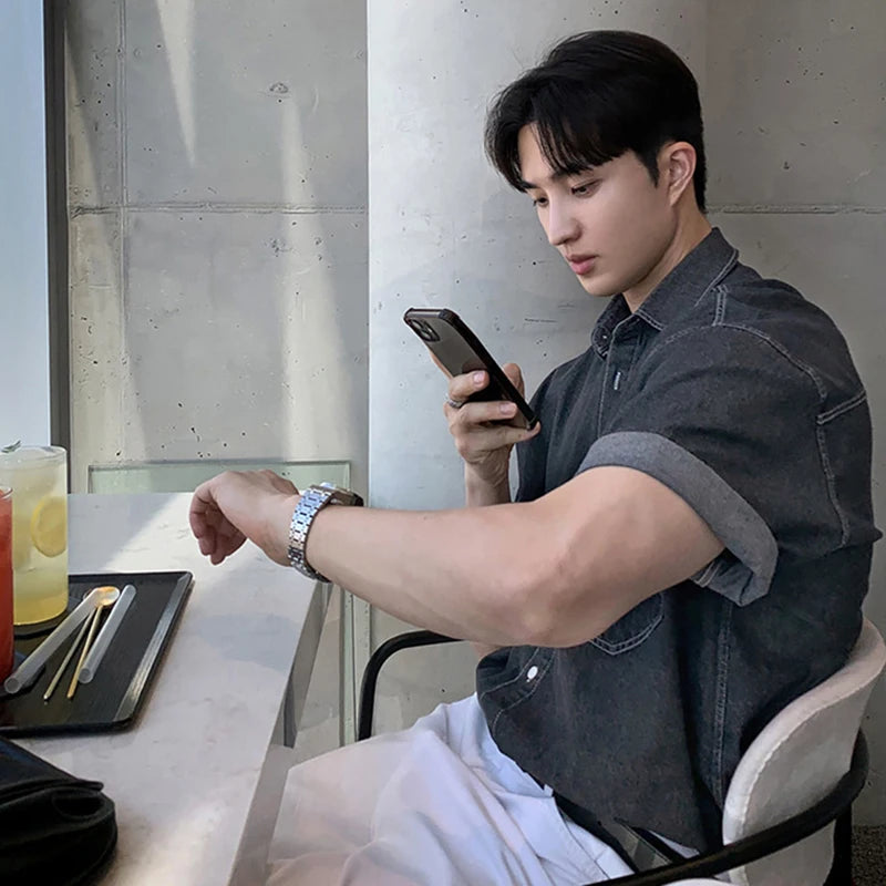 Men's Shirts Short Sleeve New Korean Simple Denim Top Casual Turn-down Collar Single Breasted Tredny Male Clothing 9W1821