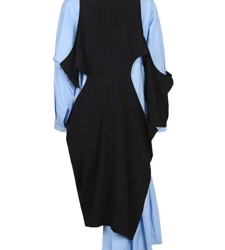 Women Blue Color-block Big Size Long Dress New Round Neck Long Sleeve Loose Fit Fashion Tide Spring Autumn 2025 1DH5325